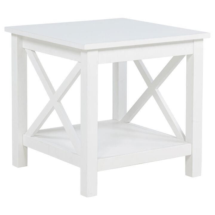 Yuzie Side End Table with Open Shelf, X-Side Frame, White Wood 20 Inch