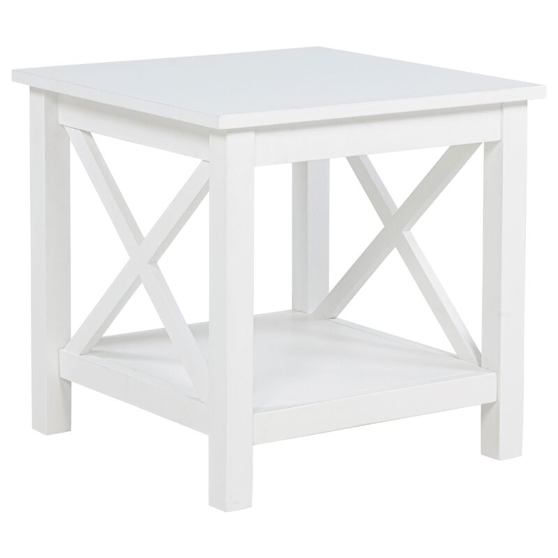 Yuzie Side End Table with Open Shelf, X-Side Frame, White Wood 20 Inch image number 0