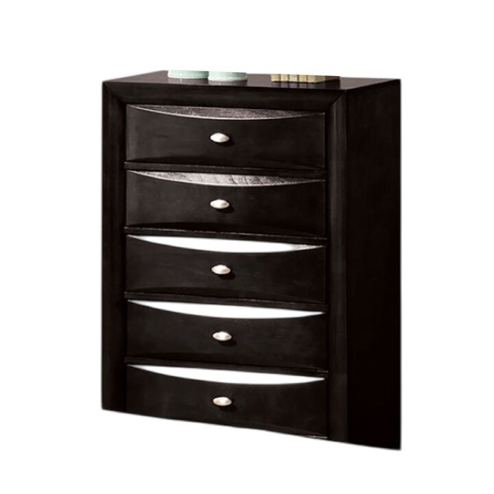 Simo Tall Dresser Chest, 5 Drawers, Chrome Handles, Modern Black Wood