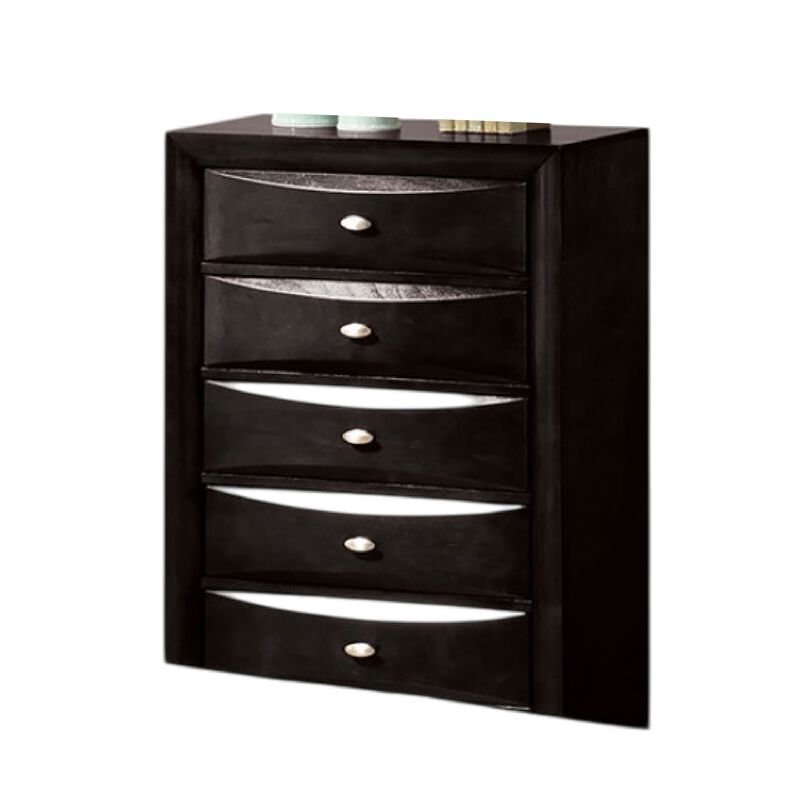 Simo Tall Dresser Chest, 5 Drawers, Chrome Handles, Modern Black Wood