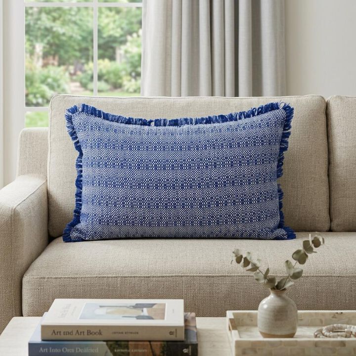 HomeRoots 14" X 20" Blue and White Striped Cotton Throw Pillow With Fringe