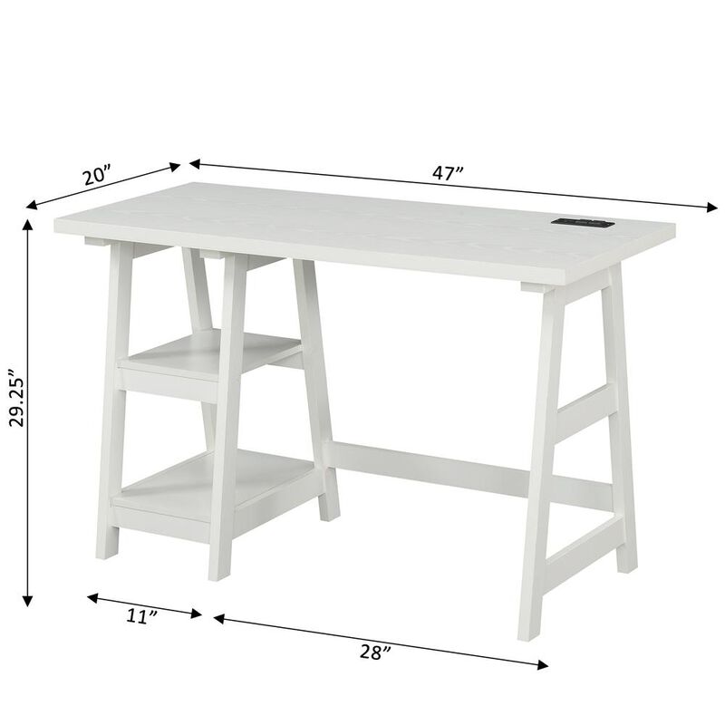 Convenience Concepts Designs2Go Trestle Desk with Charging Station, White