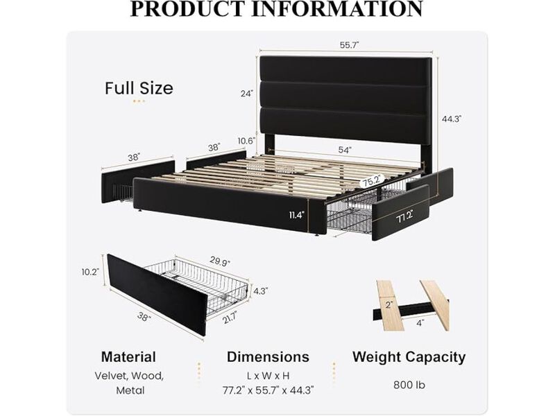 Full Platform Bed &ndash; Black Velvet Frame with 4 Storage Drawers & Wooden Slat Support image number 2