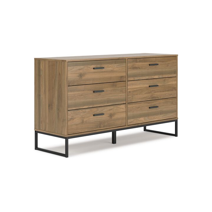 Deana Wide Dresser, 6 Drawers, Brown Wood, Black Metal Base, 59 Inch - Benzara