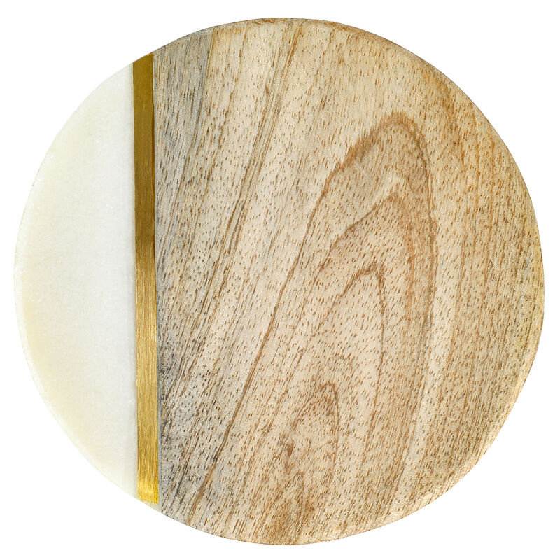 Laurie Gates White Marble and Mango Wood Round 4 Piece Coaster Set