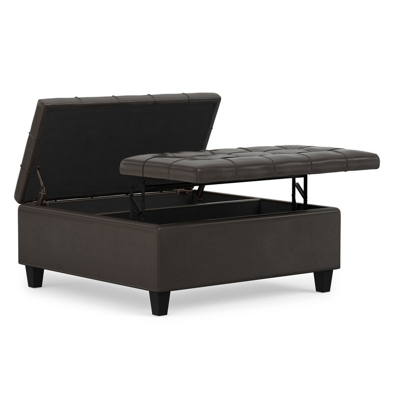 Harrison 36 inch Wide Transitional Square Coffee Table Storage Ottoman in Tanners Brown Vegan Faux Leather, Assembled image number 0