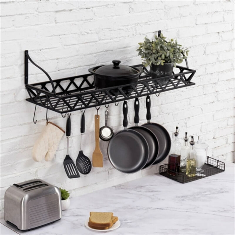 Modern Metal Wall Mounted Pot Rack Rectangular Hanging Storage with 12 Hooks for Pots & Pans