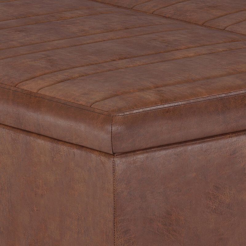 Simpli Home Ellis Coffee Table Storage Ottoman In Distressed Saddle Brown Vegan Faux Leather