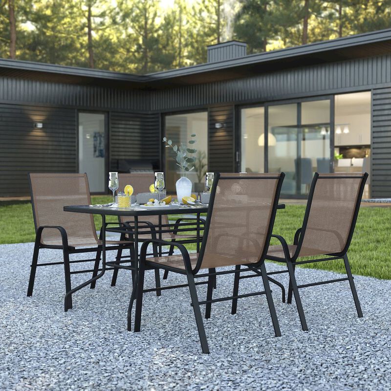 Flash Furniture 5 Piece Set - 55" Tempered Glass Patio Table, 4 Gray Stack Chairs image number 8