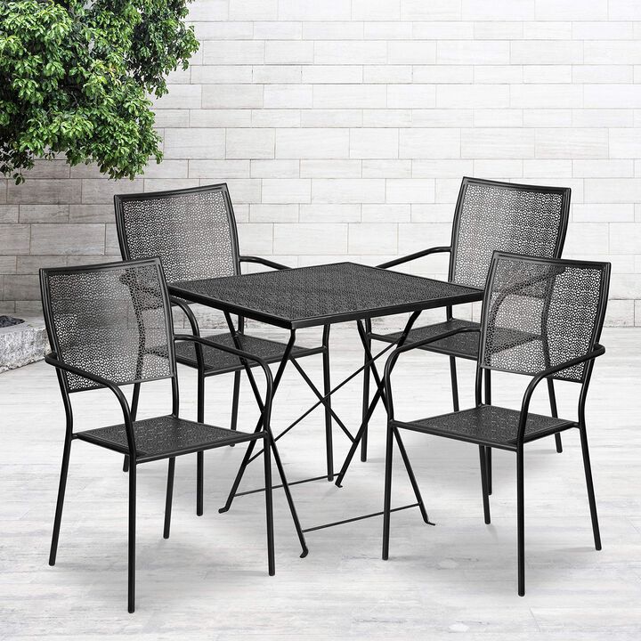 Flash Furniture Commercial Grade 28" Square Black Indoor-Outdoor Steel Folding Patio Table Set with 4 Square Back Chairs