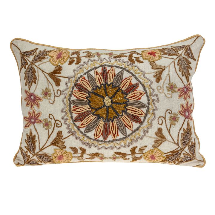 20" Beige and Orange Embroidered Floral Tapestry Rectangular Throw Pillow