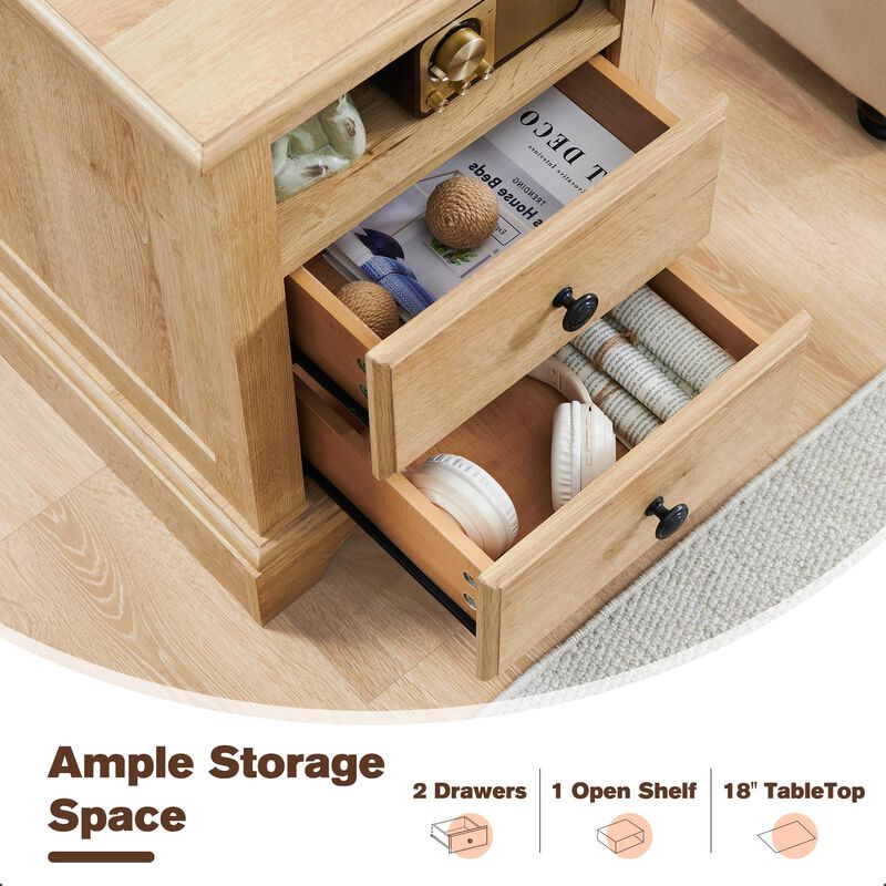 T4TREAM Nightstand with Charging Station Set of 2, Wood Rustic Sofa Side Table with Open Storage Shelf for Bedroom, 18 Inch Vint