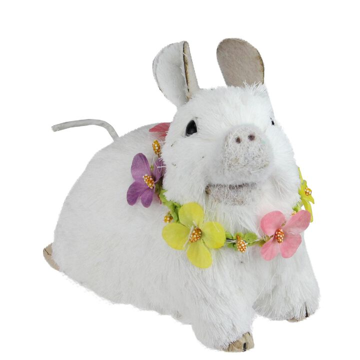 6.5" White Sisal Piglet with Floral Lei Spring Figure