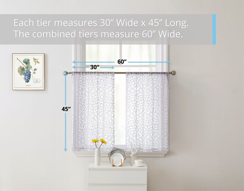 THD Francine Embroidered Sheer Voile Window Curtain Short Rod Pocket Tiers for Kitchen, Bedroom, Small Windows and Bathroom, Set of 2
