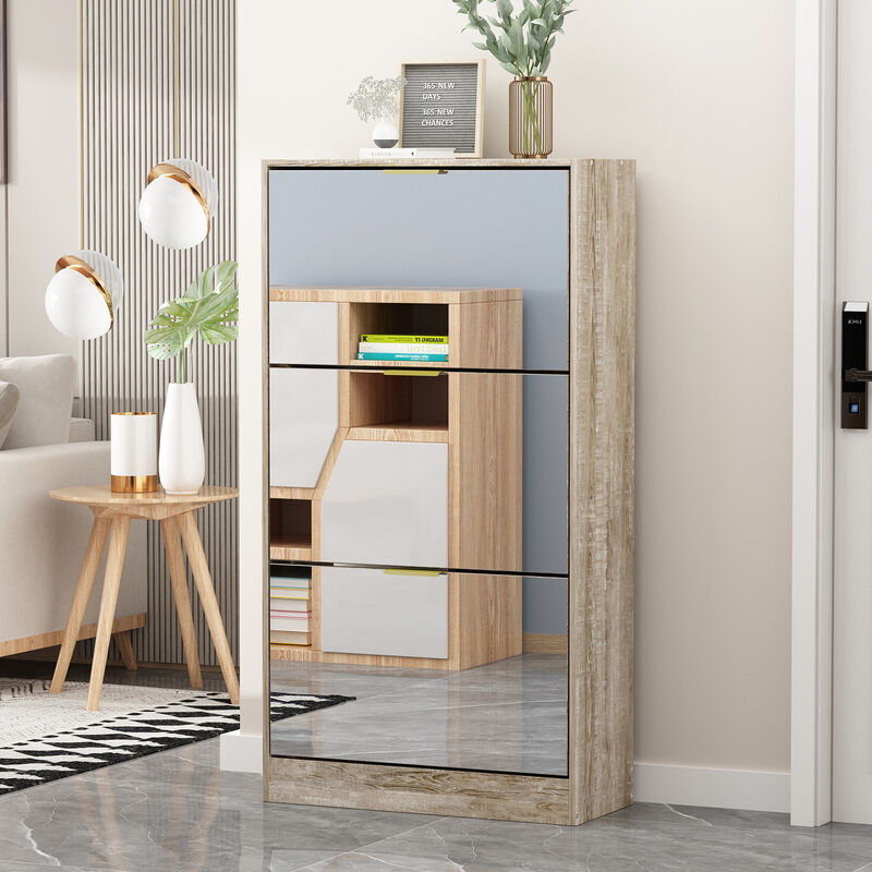 Modern Shoe Storage Cabinet with 3 Drawers & Mirror, Wood 3-Tier Shoe Rack Organizer for Entryway, Bedroom & Hallway (22.4&rdquo;W x 9.6&rdquo;D x 42.1&rdquo;H)