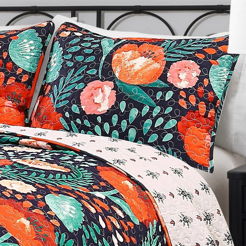Hivvago Floral Red Poppy Navy Teal Lightweight 3 Piece Cotton Quilt Set