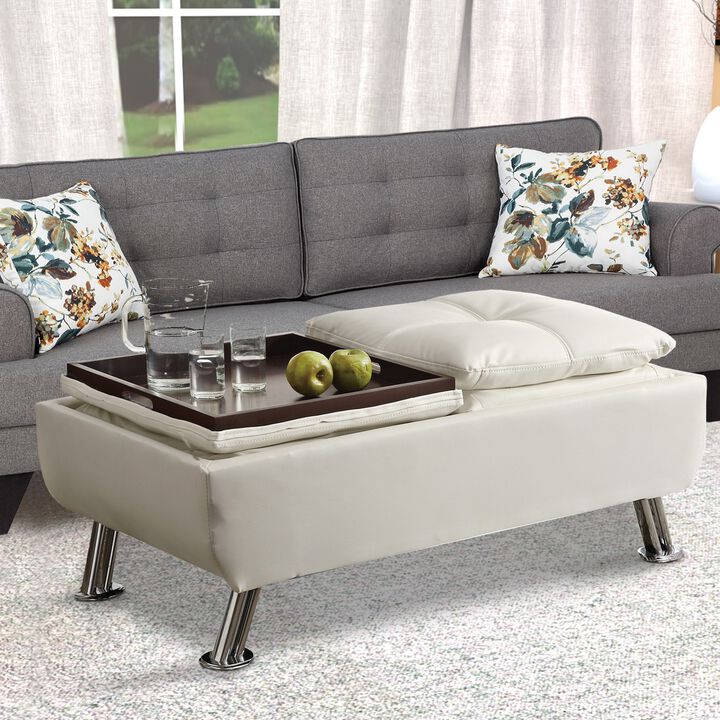 Faux Leather Ottoman with Reversible Tray Tops, White-Benzara