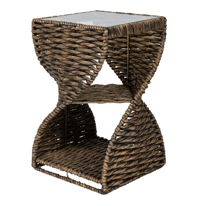 Suraya Coastal Bohemian Handwoven Water Hyacinth Sculptural Twisted End Table with Glass Top and Storage Shelf