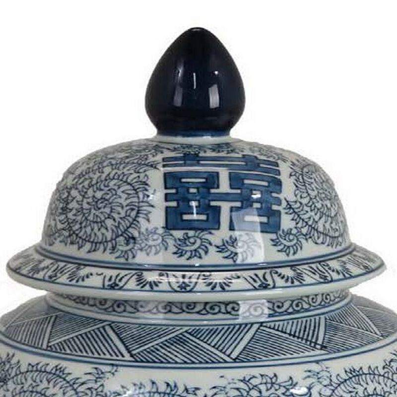 18 Inch Accent Temple Jar with Removable Lid, Blue and White Floral Print - Benzara