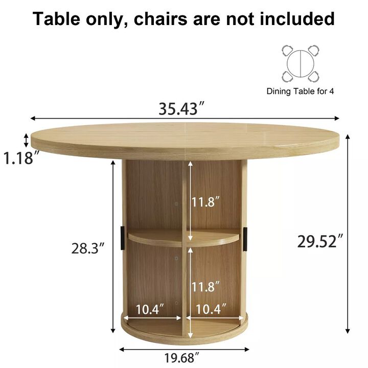 Vipbear 35.43" Round Dining Table for 4, Modern Wooden Kitchen Table with Built-in Storage Shelves