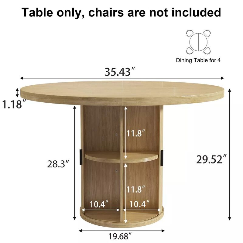 Vipbear 35.43" Round Dining Table for 4, Modern Wooden Kitchen Table with Built-in Storage Shelves image number 1