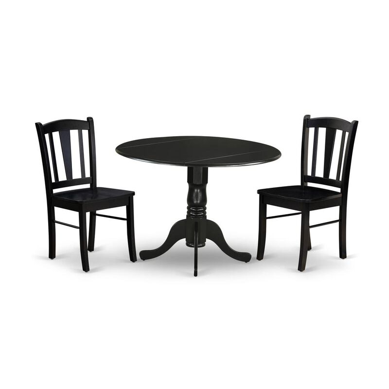 DLDL3-BLK-W - 3-Pc Dining Table Set - 2 Wood Kitchen Chairs and 1 Drops Leaf Kitchen Table - Black Finish