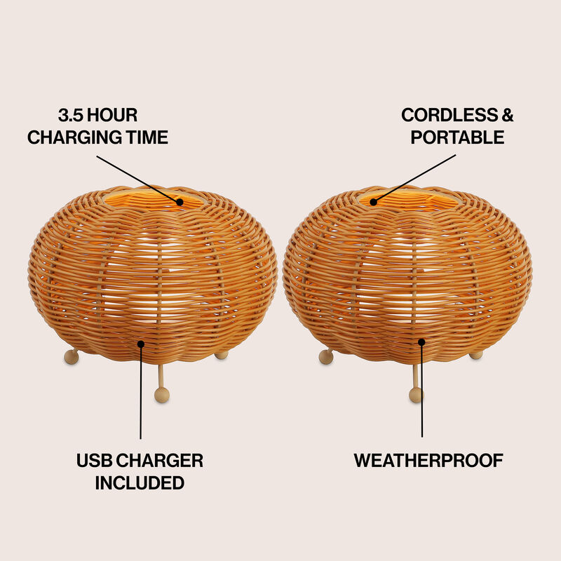 Kairi 5.75" Modern Bohemian Indoor/Outdoor Faux Rattan Lantern Rechargeable/Cordless Dimmable Integrated LED Table Lamp