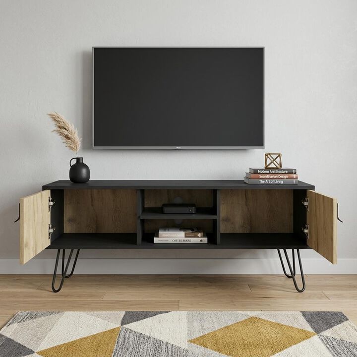 HomeRoots 48" Beige and Black Cabinet Open And Enclosed Storage TV Stand