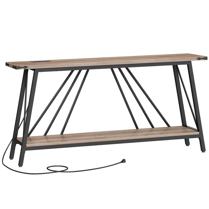 Entryway Console Table with Charging Station and 2 Open Storage Shelves- Greige