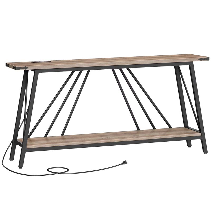 Entryway Console Table with Charging Station and 2 Open Storage Shelves- Greige image number 0