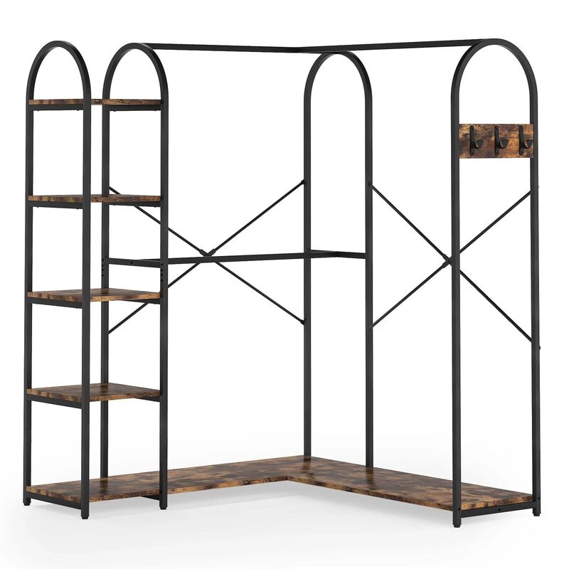 Freestanding L-Shaped Garment Rack – Corner Clothing Storage with Shelves and Rods