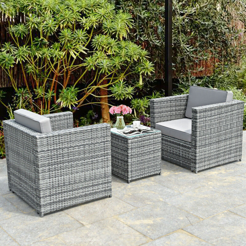 3-Piece Patio Garden Rattan Furniture Set with Cushioned Sofa and Coffee Table