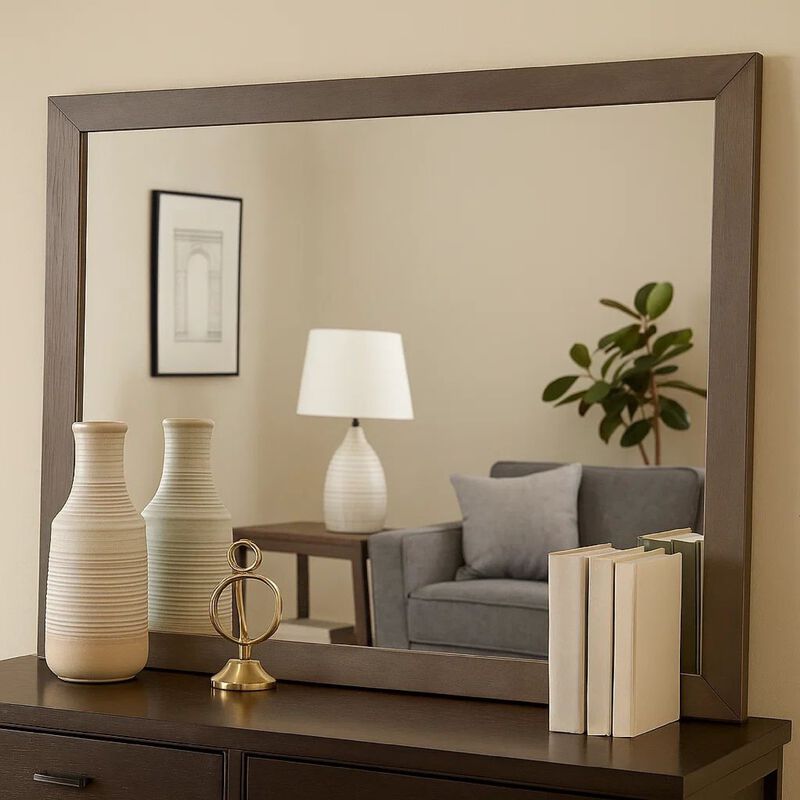 36 Inch Mirror with Rectangular Wooden Frame, Brown
