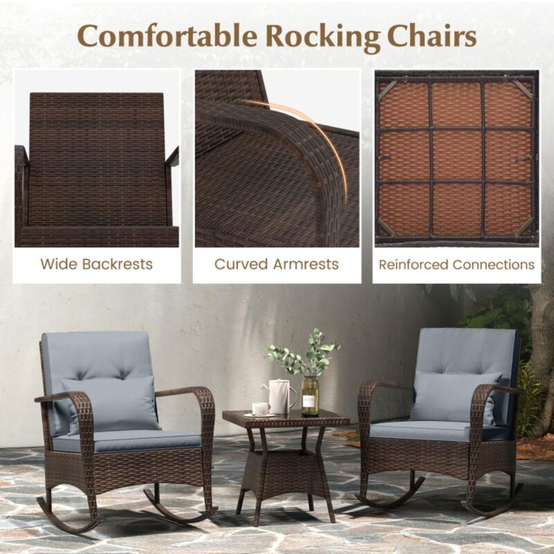 3 Piece Outdoor Rocking Set with Tempered Glass Coffee Table for Backyard Poolside image number 6