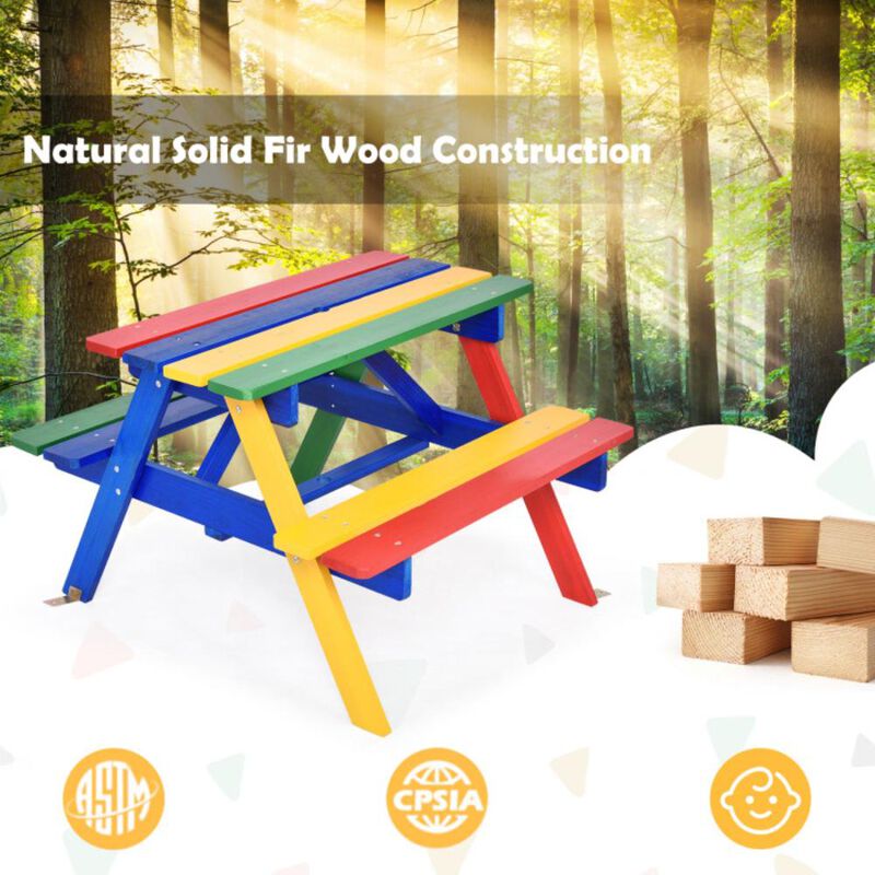 Hivvago Outdoor 4-Seat Kids Picnic Table Bench Set with Removable Umbrella