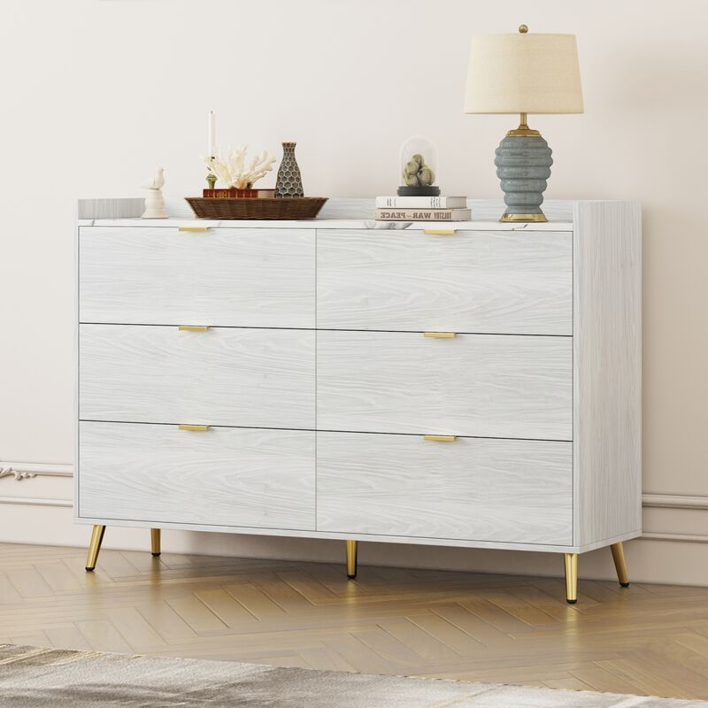 Streamdale 6-drawer marble top dresser, modern white cabinet