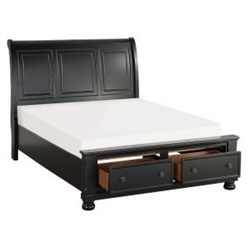 Bency Queen Sleigh Style Platform Bed, 2 Drawer Footboard, Bun Legs, Black