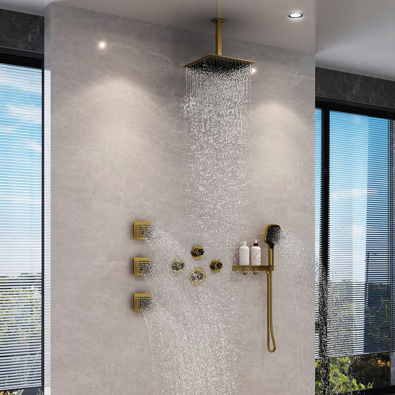 Mondawe Free Combination Handles Wall Mounted 12 Inch Thermostatic 3 Functions 5 Sprays Luxury Shower System with 6 Body Jets and Rough-in Valve Included in Brushed Nickel