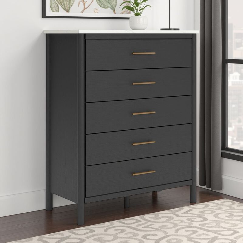 Mooran Tall Dresser Chest, 5 Drawers, Modern Marble Finish Top, Black - Benzara