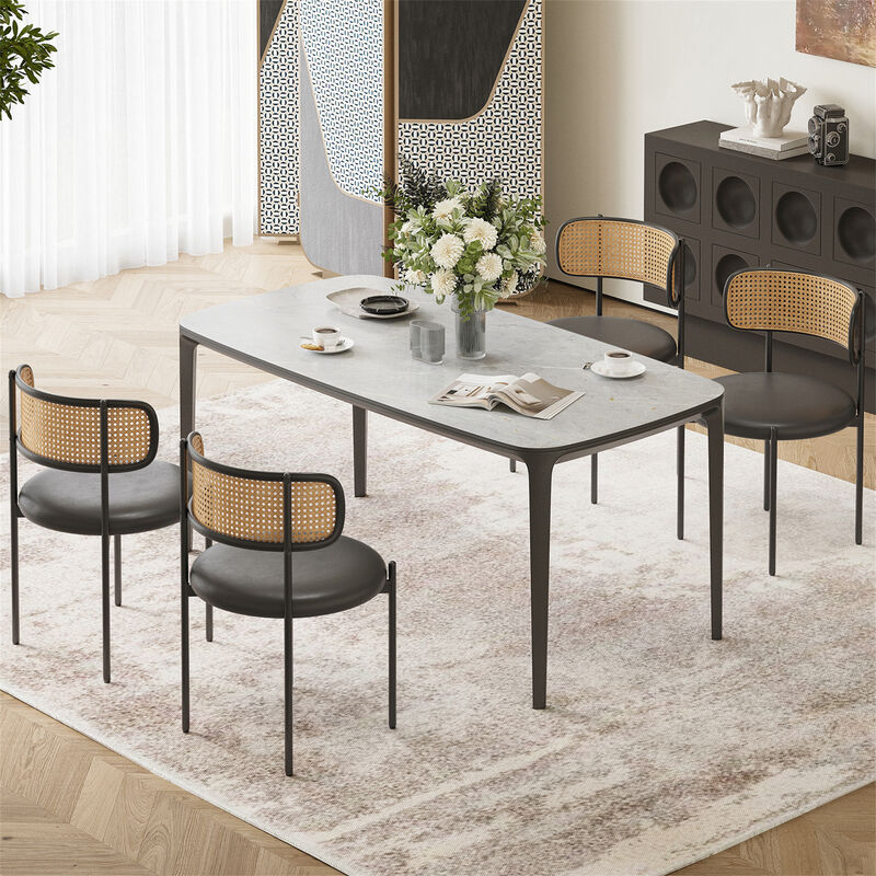 PU Leather Upholstered Seat Rattan Backrest Dining Chairs Set of 4 image number 2