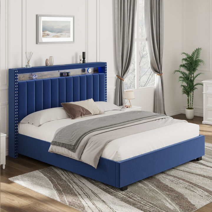 Luxury Gas Lift Storage Bed with RF LED Lights, Storage Headboard, King Size, Velvet Blue