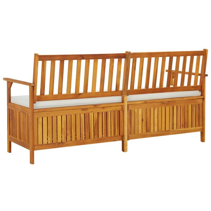 Outdoor Storage Bench, White Fabric Cushion, 66 Inch Brown Acacia Wood - Benzara