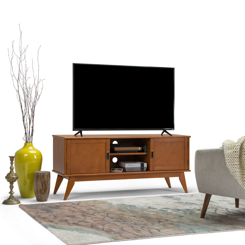 Draper SOLID HARDWOOD 60 inch Wide Mid Century Modern TV Media Stand in Teak Brown For TVs up to 65 inches