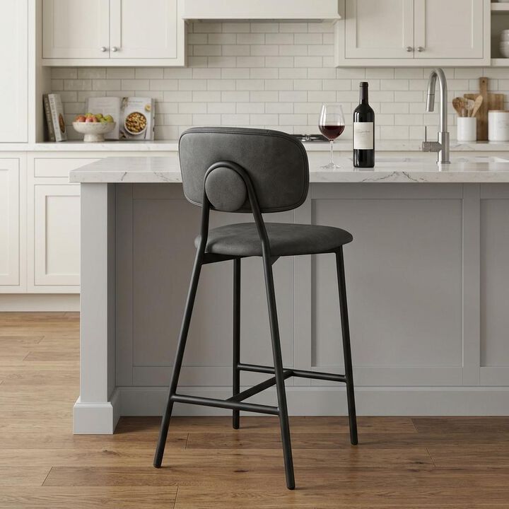 HomeRoots 26" Gray And Black Faux Leather And Iron Low Back Counter Height Bar Chair