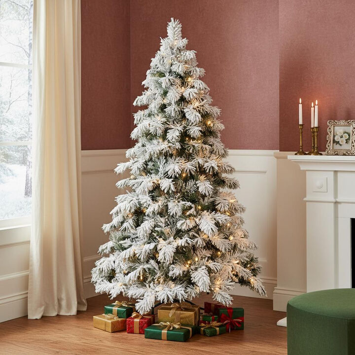 HomeRoots 7' Pre Lit Full Flocked Pine Christmas Tree