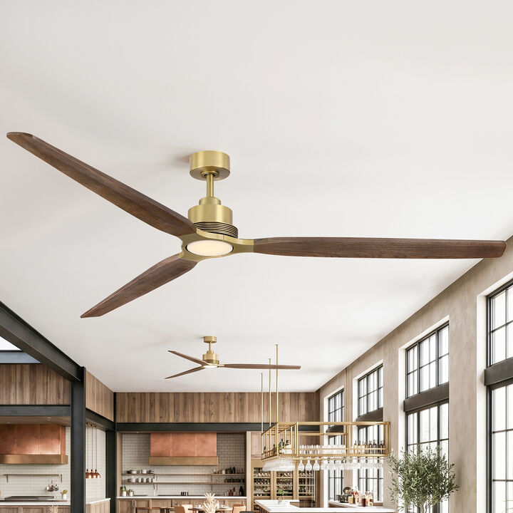 84" Natural Brass Solid Wood Mid Century Modern Dimmable LED 6 Speed Extra Large Ceiling Fan with Light and Remote