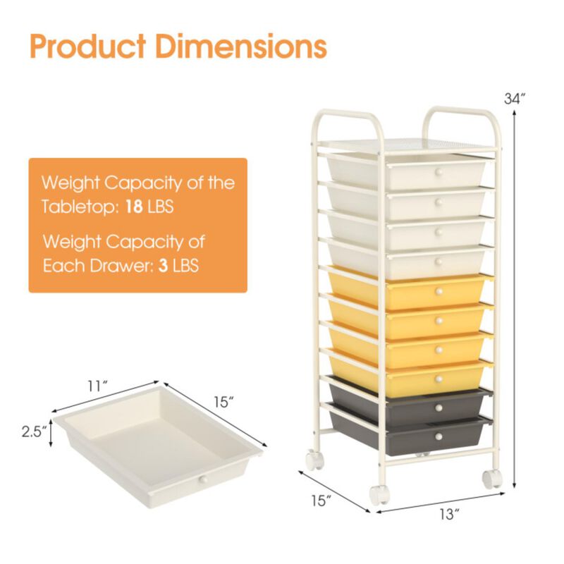 Hivvago 10 Drawer Rolling Storage Cart Organizer with 4 Universal Casters