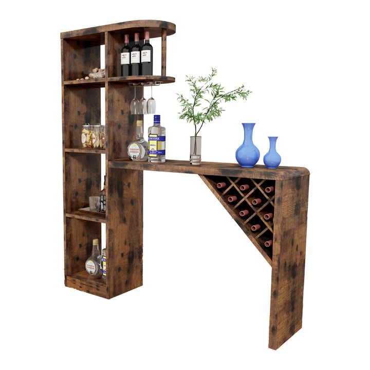 Bar Height Table, Glass Racks w Bottle Holders, 73 Inch Classic Brown