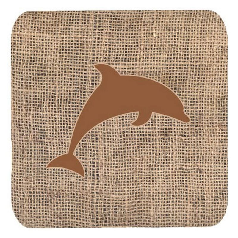 Caroline's Treasures BB1025-BL-BN-FC Dolphin Burlap and Brown Foam Coasters (Set of 4), 3.5 H x 3.5 W, Multicolor