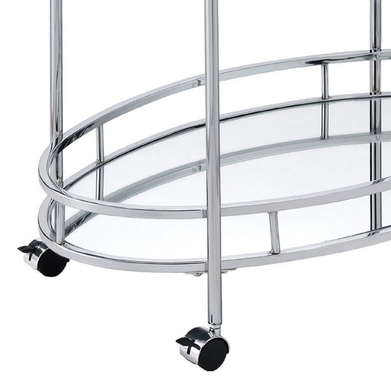 Serving Cart with Tubular Frame and 2 Tier Glass Shelves, Chrome-Benzara
